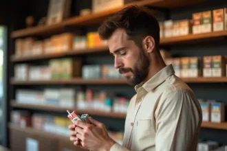 Homme examinant un paquet de cigarettes dans un bureau de tabac au Luxembourg avec des étiquettes de prix visibles