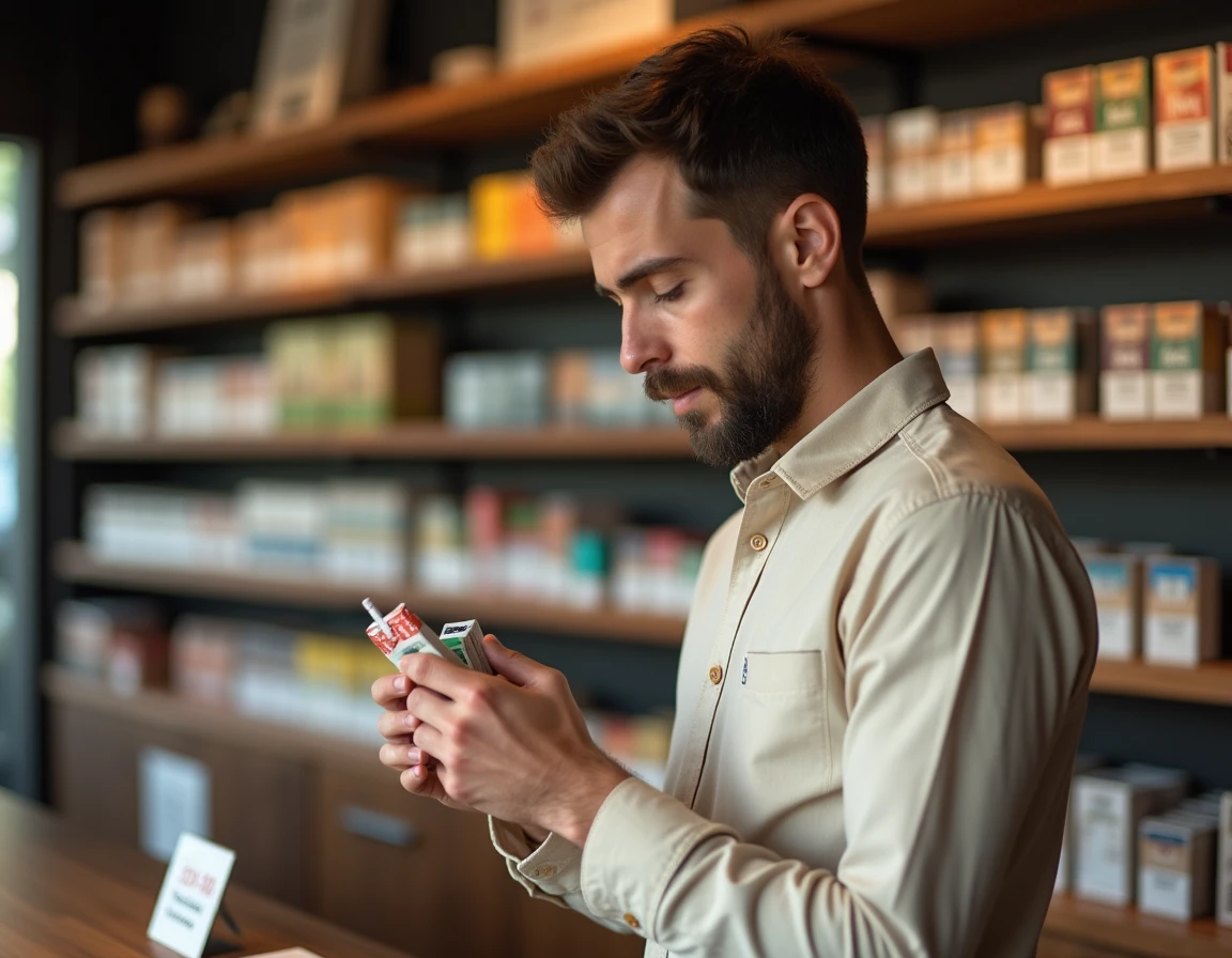 Homme examinant un paquet de cigarettes dans un bureau de tabac au Luxembourg avec des étiquettes de prix visibles