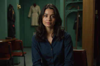 Jeune actrice française aux cheveux bruns dans une loge de théâtre, portrait professionnel évoquant le milieu du cinéma et des séries télévisées