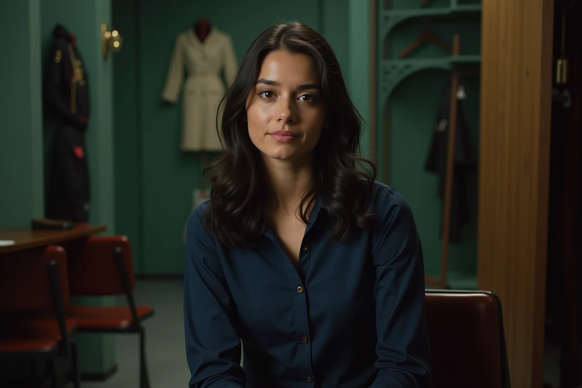 Jeune actrice française aux cheveux bruns dans une loge de théâtre, portrait professionnel évoquant le milieu du cinéma et des séries télévisées