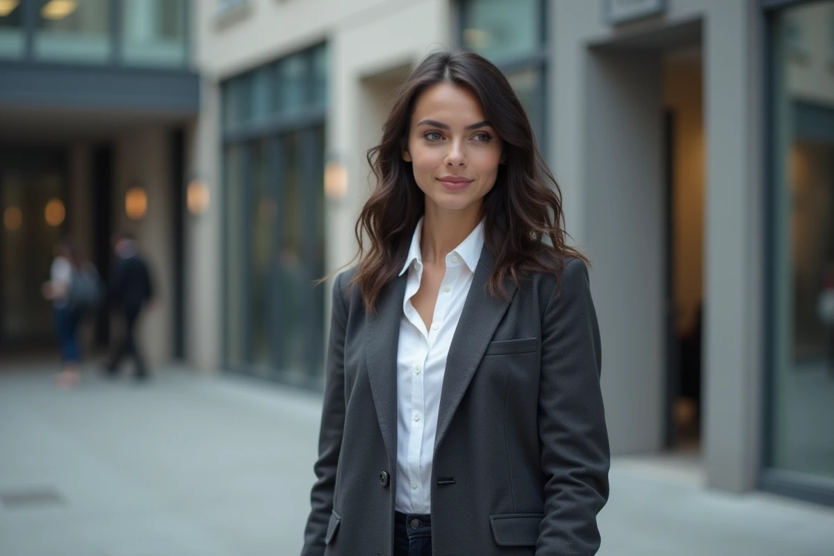 Actrice de série française devant un studio de télévision moderne, portrait éditorial en extérieur dans un contexte professionnel audiovisuel