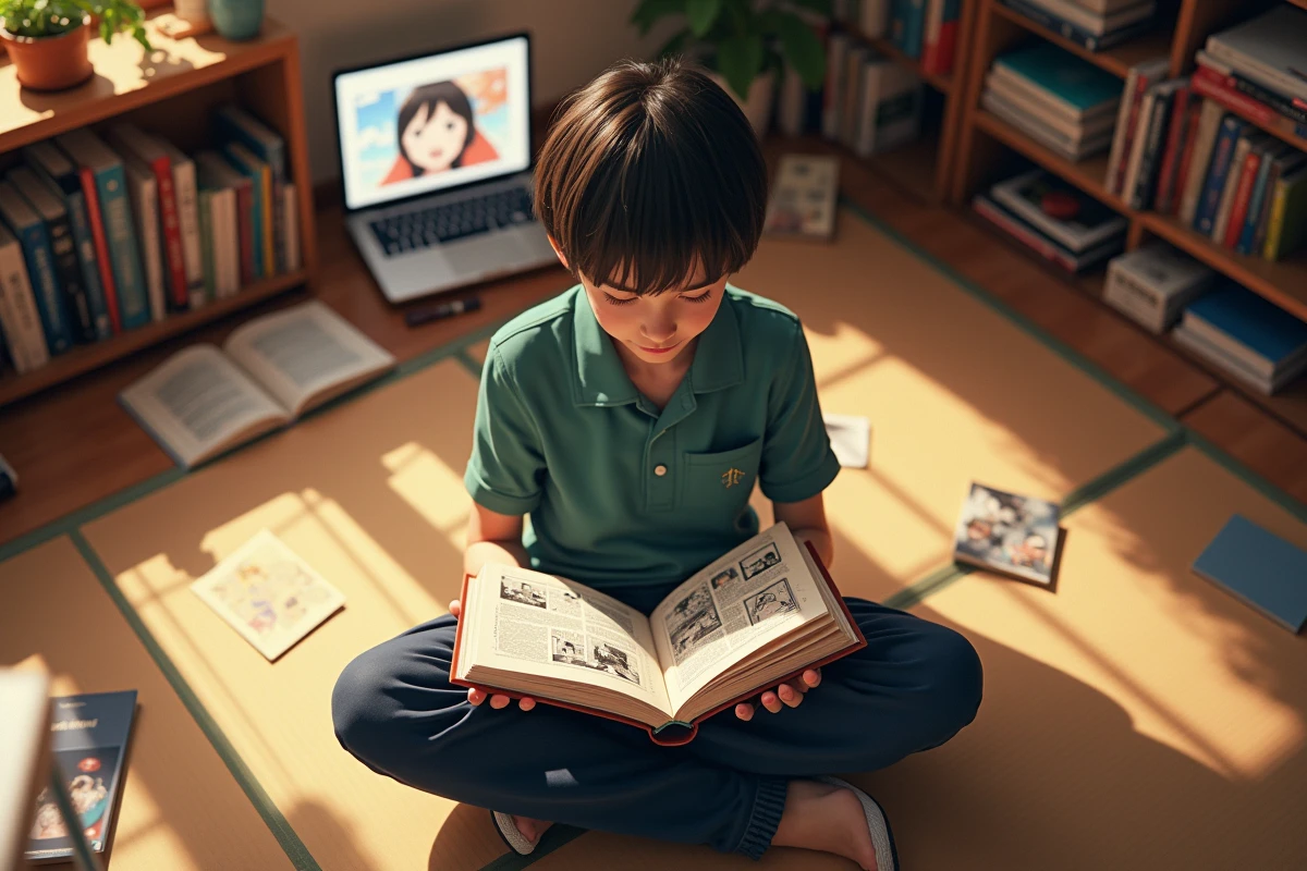 Adolescent lisant un manga dans un salon cosy
