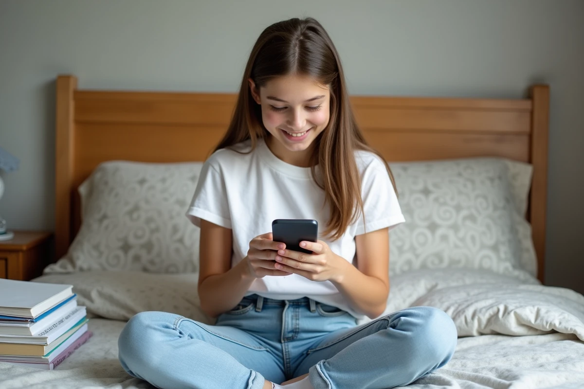 Adolescente envoyant un SMS depuis son téléphone portable dans sa chambre avec des livres de grammaire française en arrière-plan
