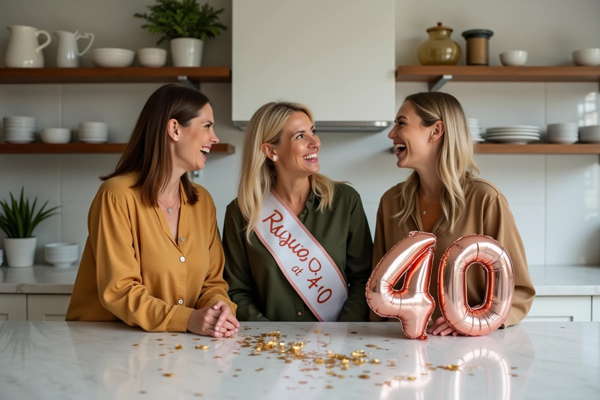 Groupe d'amies célébrant les 40 ans avec humour et ballons dans une cuisine moderne