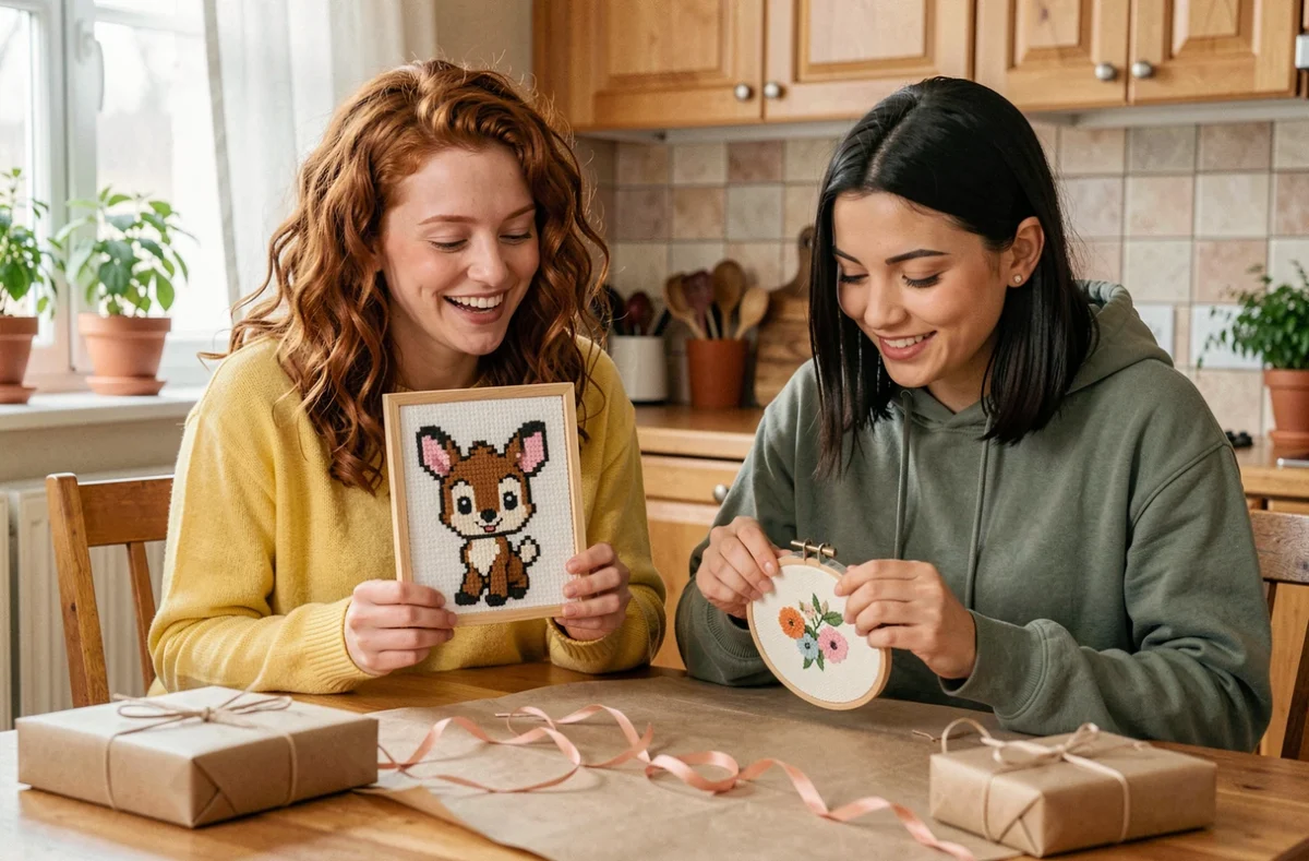 Deux amies découvrent avec joie des cadeaux faits main en pixel art kawaii Disney autour d'une table de cuisine chaleureuse