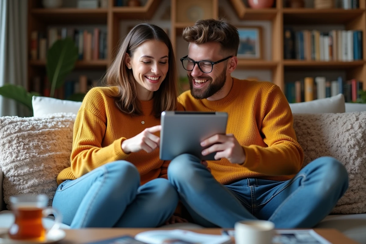 Deux amis consultant une tablette pour vérifier des rumeurs sur des célébrités à la maison