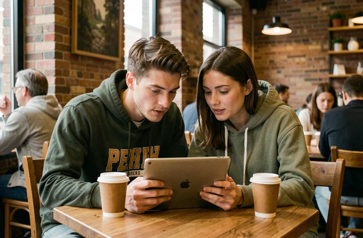 Deux amis découvrant ensemble une communauté de scans manga sur tablette dans un café