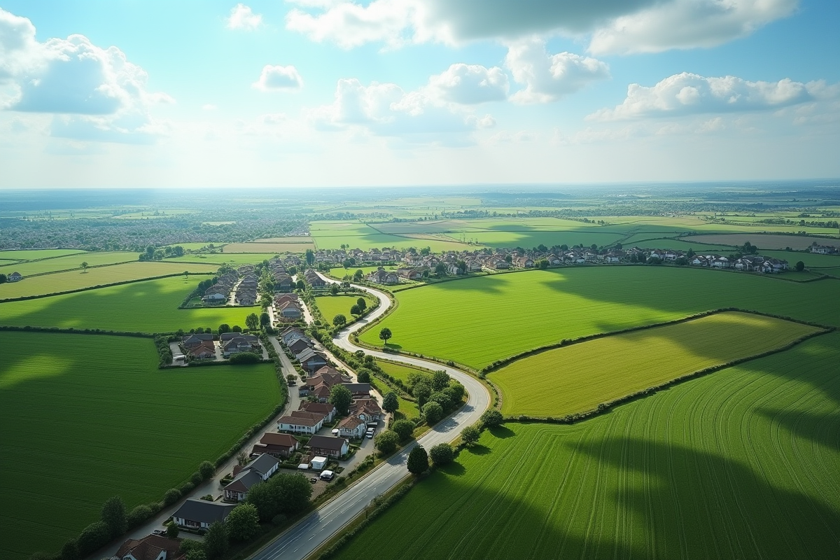Paysage avec champs et maisons en construction sous un ciel ensoleillé