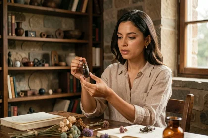 Femme tenant une amulette scarabée antique dans un bureau bohème aux murs en pierre, symbole égyptien entre les doigts