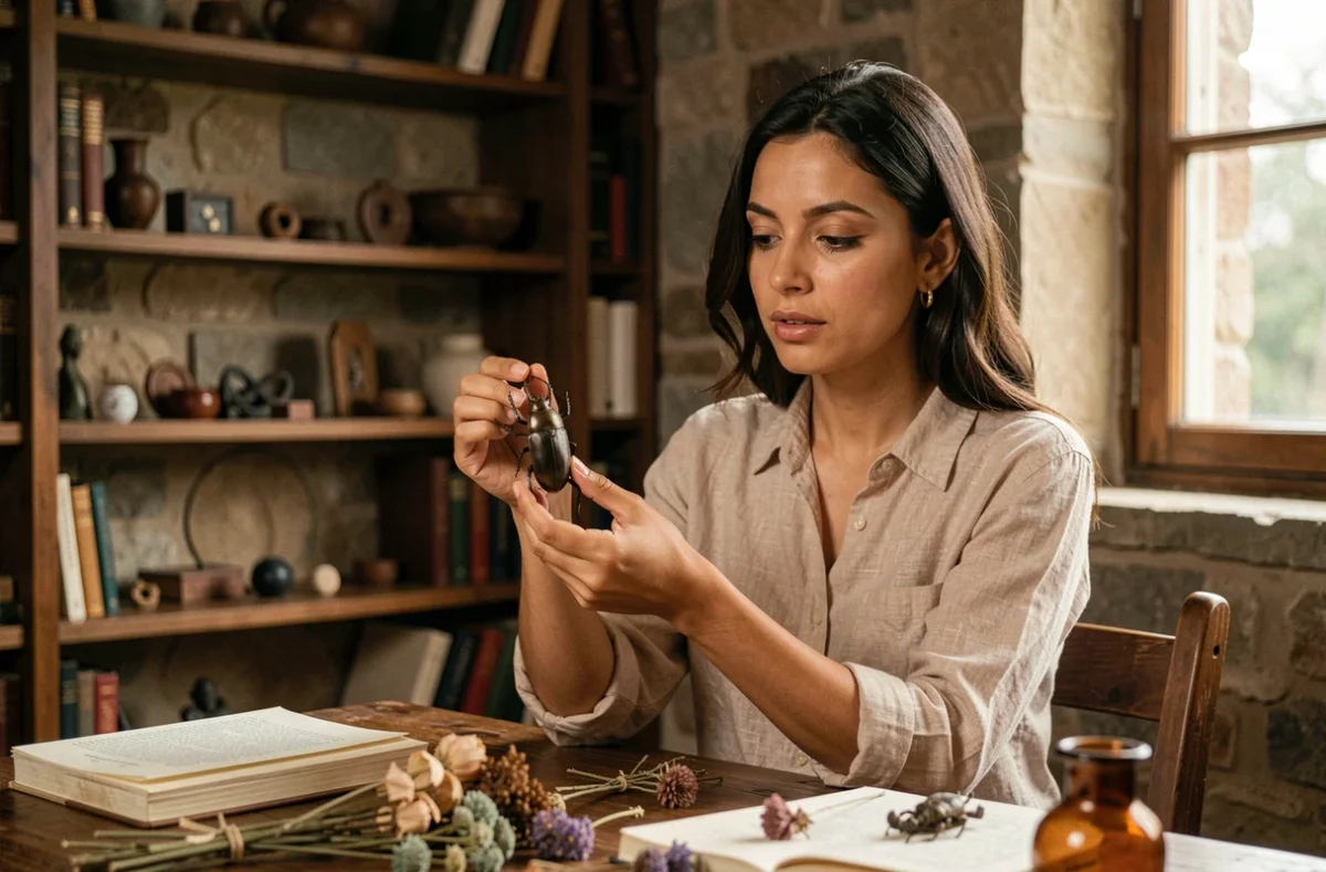 Femme tenant une amulette scarabée antique dans un bureau bohème aux murs en pierre, symbole égyptien entre les doigts