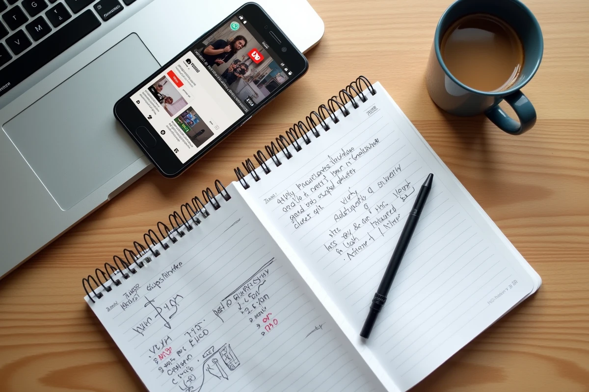 Vue aérienne d'un bureau avec smartphone affichant les vues d'une chaîne YouTube, carnet de notes d'analyse d'audience et tasse de café