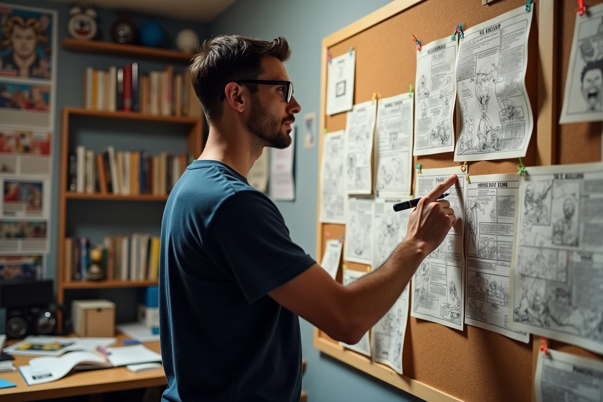 Analyste adulte devant un tableau d'analyse du chapitre One Piece 1155 avec panneaux imprimés et notes de théories