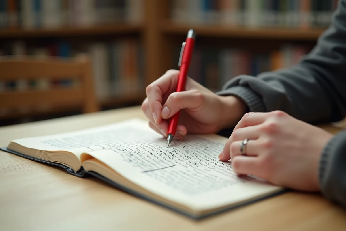 Gros plan sur des mains annotant un manuscrit imprimé avec un stylo rouge, symbolisant la reformulation éthique et humaine de textes sans intelligence artificielle