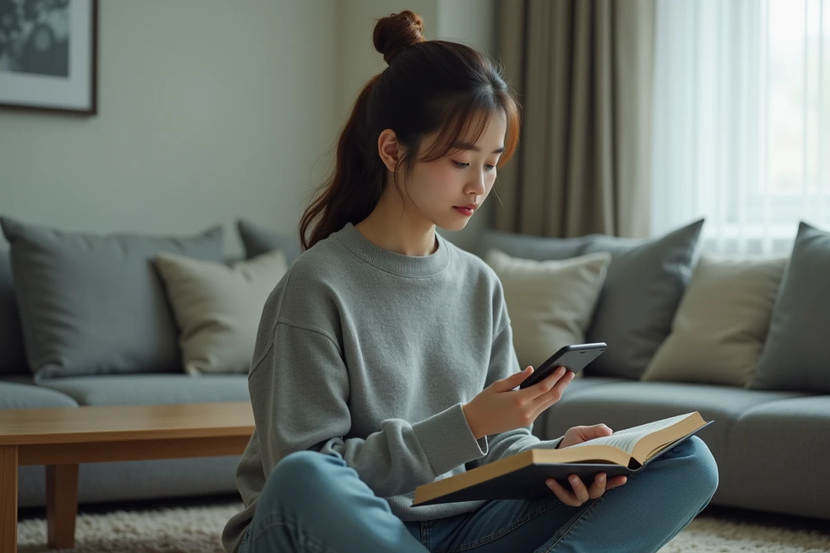Jeune femme utilisant une application de suivi de chapitres sur smartphone pour gérer sa lecture de manga Black Clover