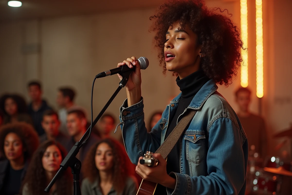 Jeune artiste féminine du 95 en pleine performance scénique dans une salle underground de Cergy, microphone en main