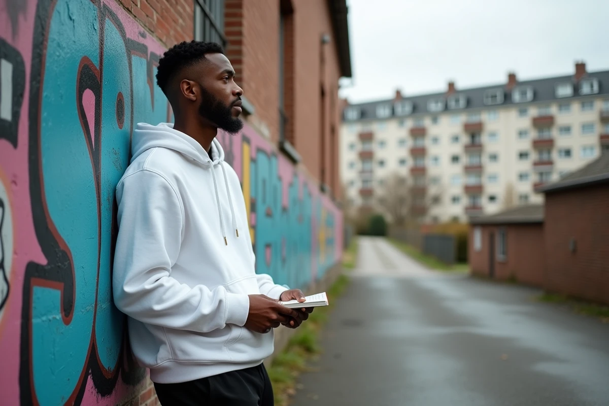 Jeune artiste rap du Val-d'Oise appuyé contre un mur de street art en cité, carnet à la main, regard contemplatif
