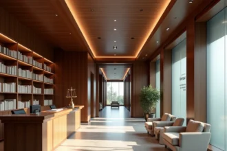 Hall d'un cabinet d'avocats au Mans avec bibliothèque juridique et balance de la justice