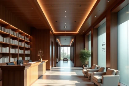 Hall d'un cabinet d'avocats au Mans avec bibliothèque juridique et balance de la justice