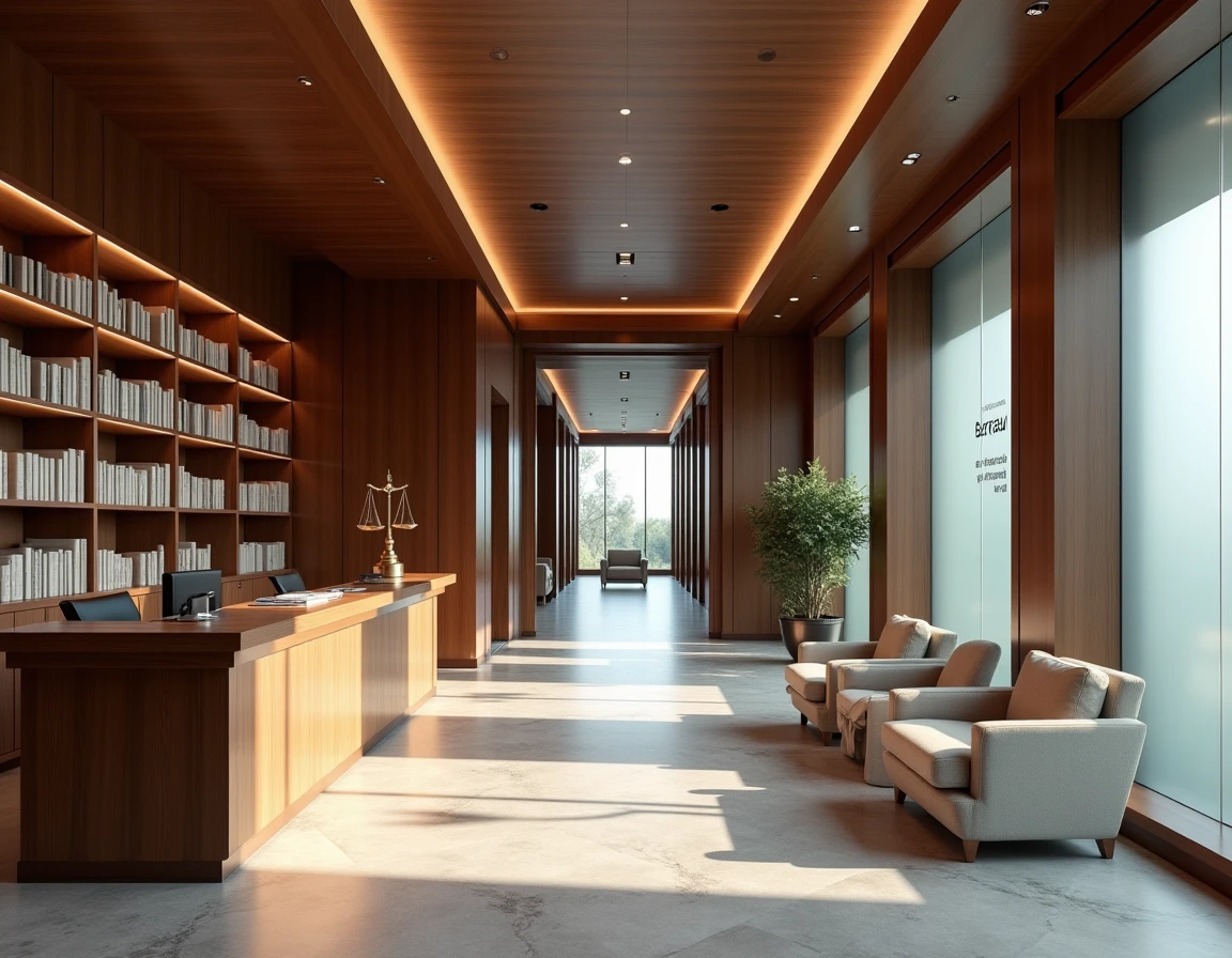 Hall d'un cabinet d'avocats au Mans avec bibliothèque juridique et balance de la justice
