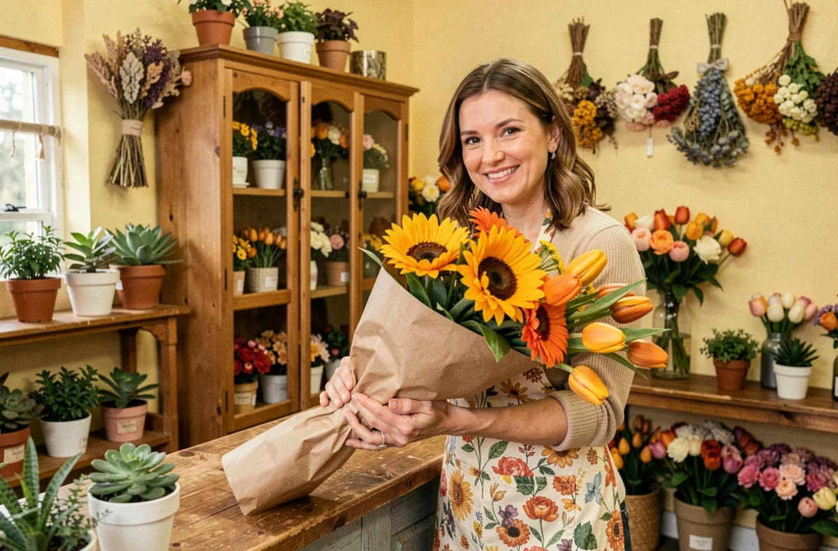 Fleuriste de Betty Fleurs en tablier fleuri emballant un bouquet de tournesols et gerberas dans du papier kraft à l'intérieur de sa boutique colorée en Vaucluse