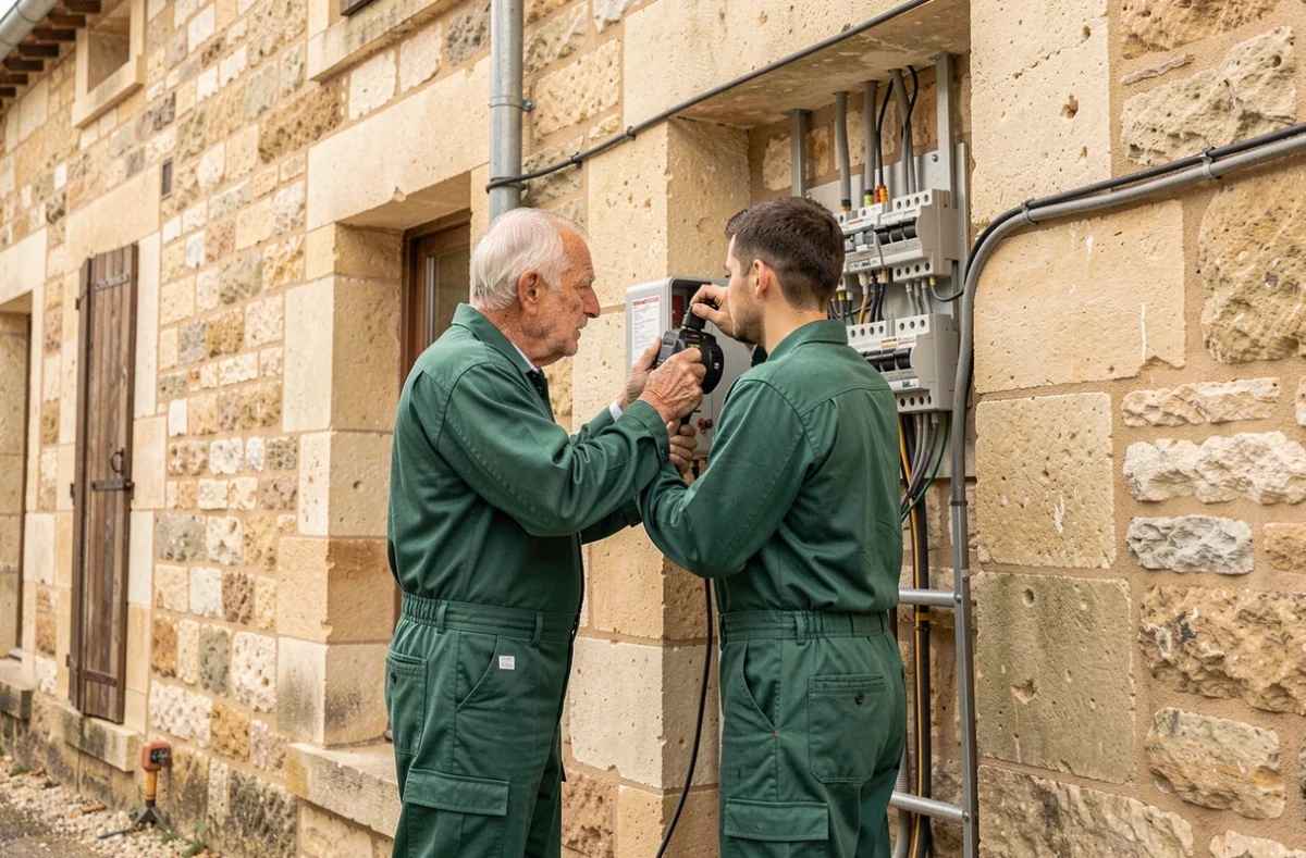 Deux électriciens de Bonnetaud Et Fils travaillant ensemble sur une installation extérieure d'un bâtiment en pierre à Limoges