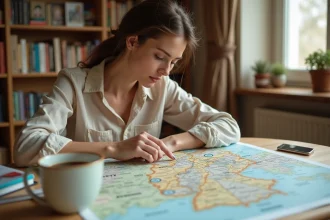 Femme révisant une carte routière de l'Allemagne posée sur une table en bois avant un voyage