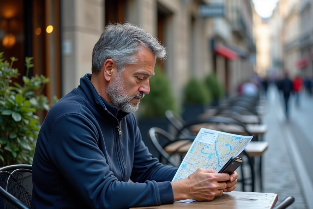 Homme consultant une carte géographique de l'Allemagne dans un café en terrasse pendant un voyage