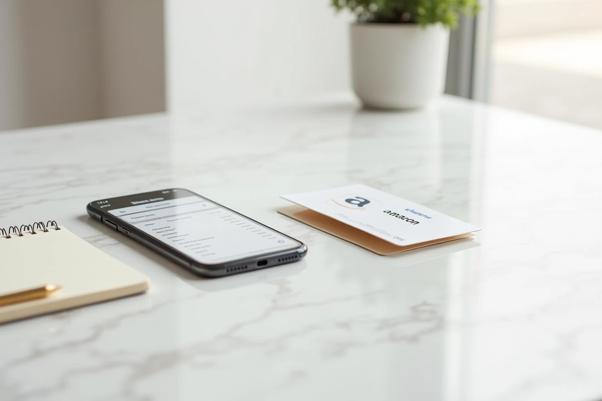 Carte illicado et smartphone affichant Amazon posés sur un bureau en marbre blanc avec un bloc-notes pour convertir une carte cadeau