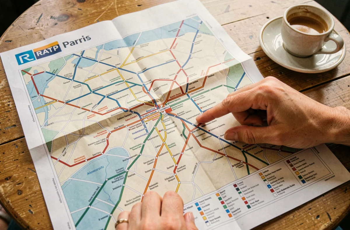 Plan officiel du réseau de bus parisien déplié sur une table de café avec une main traçant un itinéraire