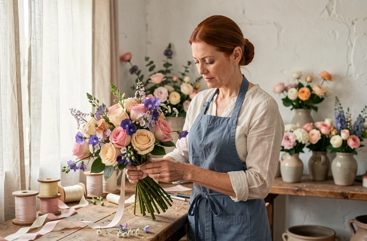 Cécile Coste, fleuriste créative en tablier bleu, composant un bouquet de mariage champêtre avec des roses et fleurs sauvages dans son atelier provençal