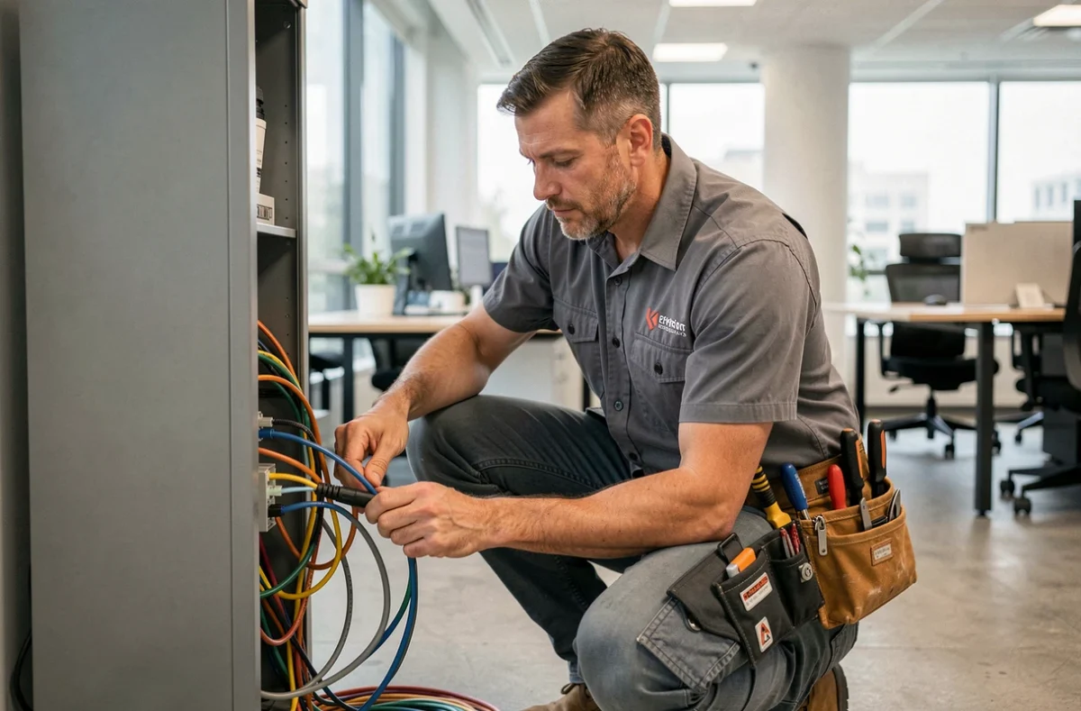 Électricien de CF Électricité connectant des câbles dans un bureau commercial moderne à Limoges