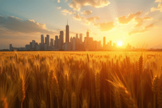 Champ de blé doré au lever du soleil avec la ville en arrière-plan