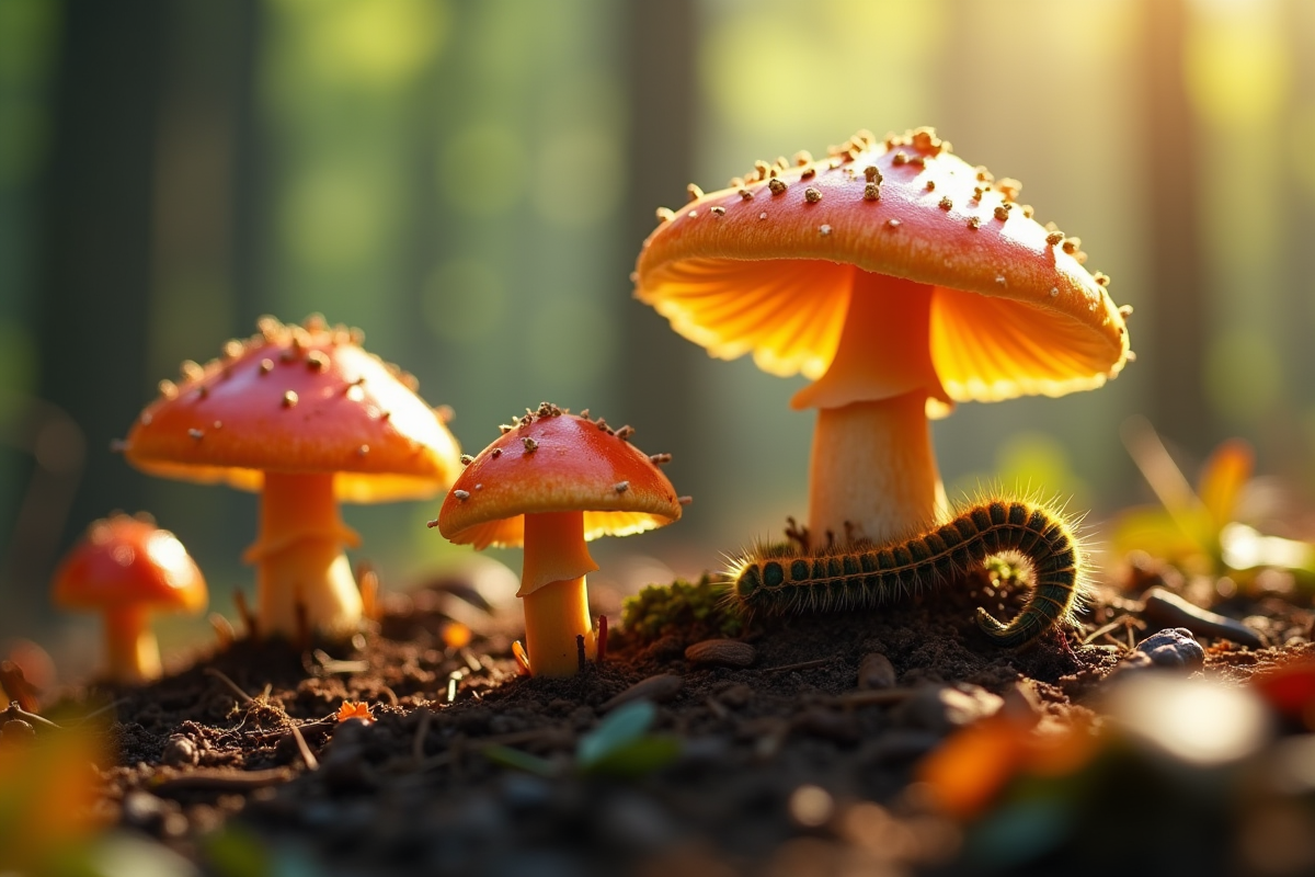 Champignons colorés avec chenille dans la forêt