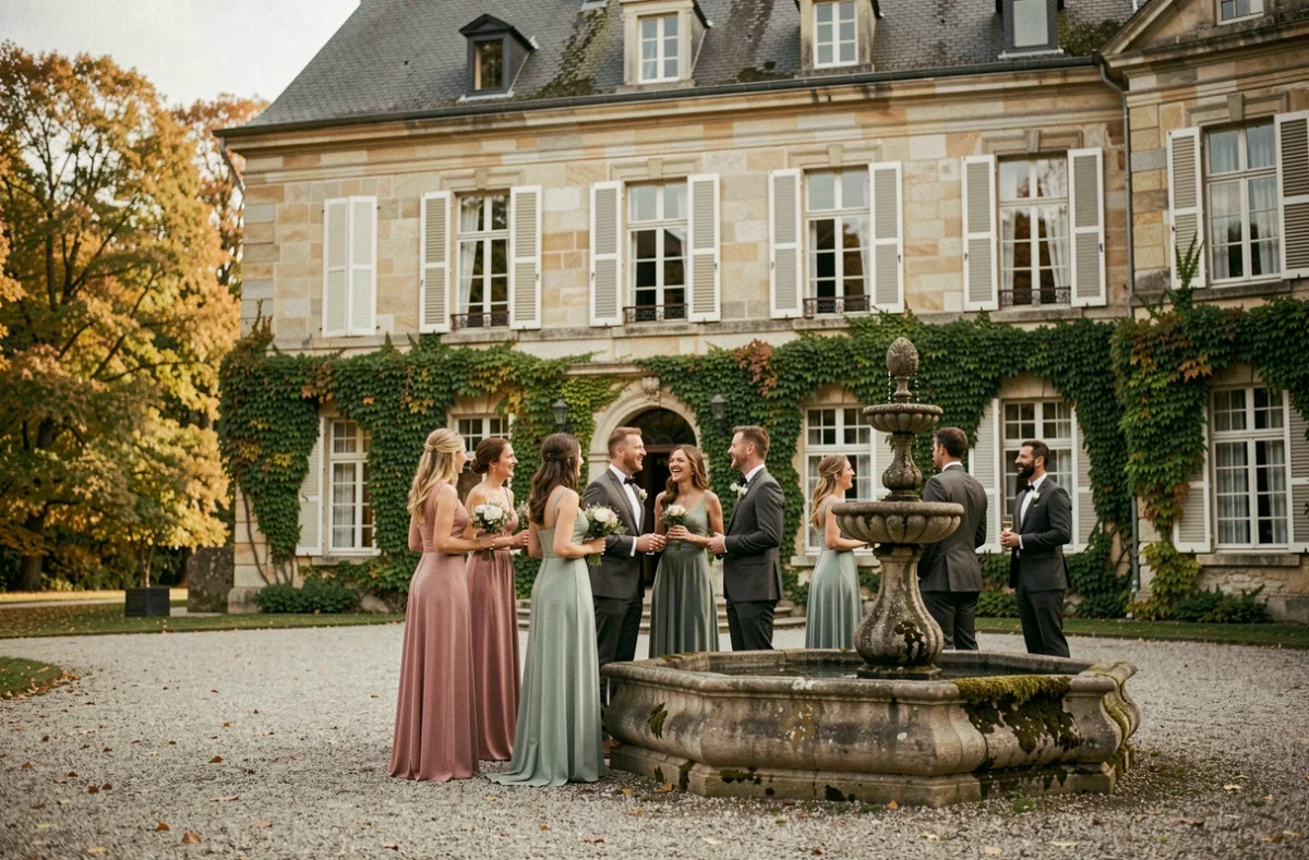 Extérieur d'un château alsacien transformé en salle de réception avec des invités en tenue de soirée dans la cour pavée en automne