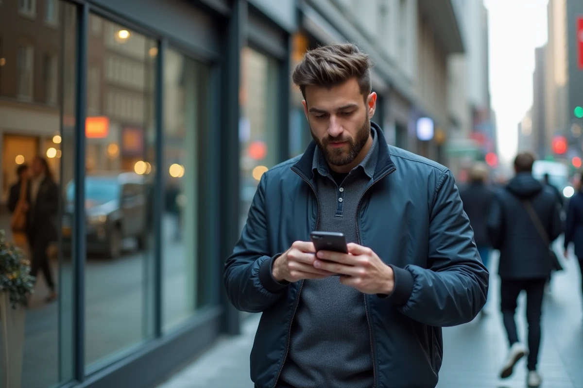 Homme utilisant l'application ChatGPT gratuite sur smartphone Android dans la rue en ville