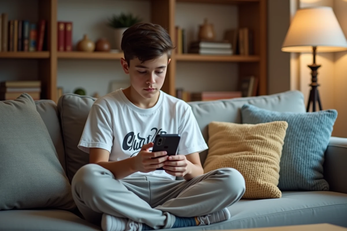 Adolescent utilisant ChatGPT gratuitement sur iPhone depuis son salon à domicile