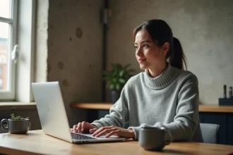 Jeune femme utilisant ChatGPT gratuitement sur un ordinateur portable dans un bureau moderne en 2026