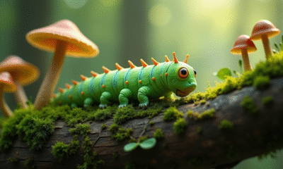 Chenille verte sur branche de mousse dans la forêt