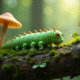 Chenille verte sur branche de mousse dans la forêt