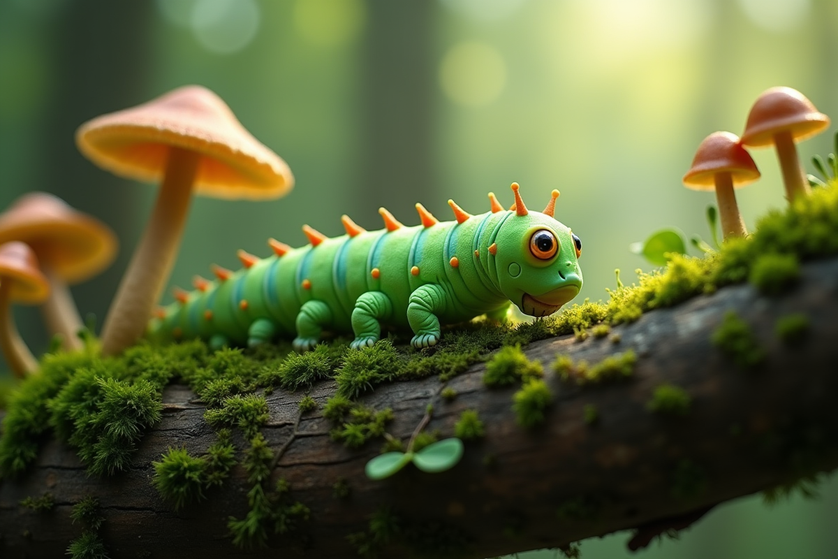 Chenille verte sur branche de mousse dans la forêt