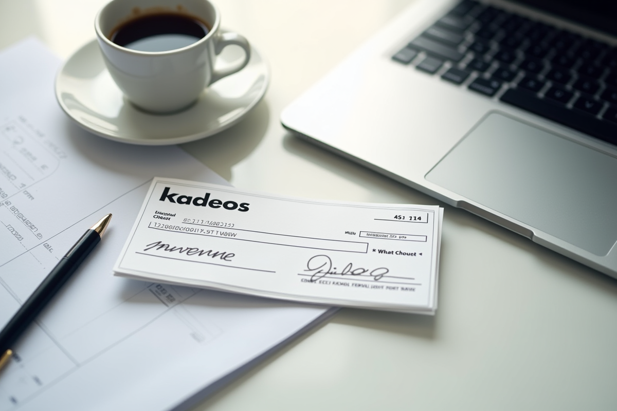 Chèque cadeau Kadeos Infini sur un bureau avec ordinateur et café