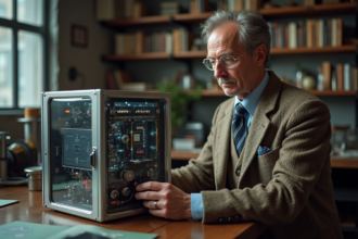 Chercheur en tweed examine un prototype d'ordinateur quantique