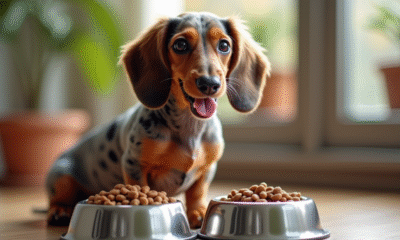 Chien dachshund tacheté assis près de bols en acier inoxydable avec nourriture naturelle