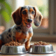 Chien dachshund tacheté assis près de bols en acier inoxydable avec nourriture naturelle