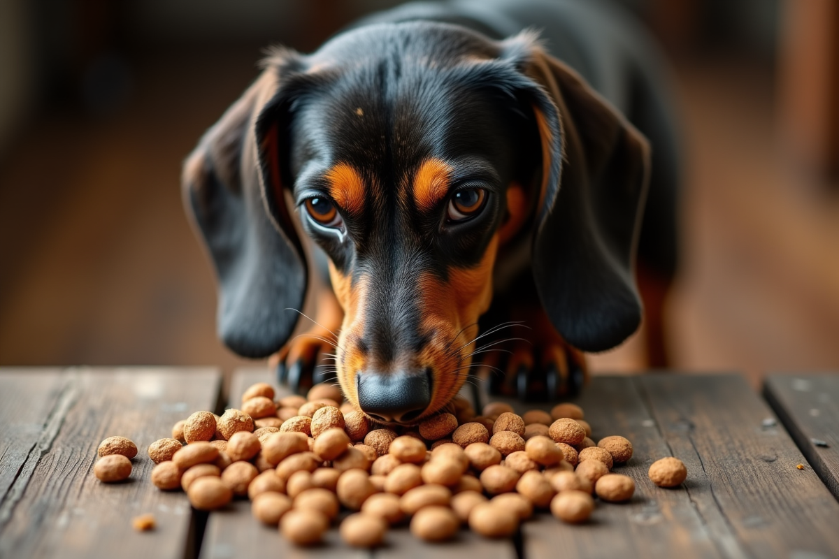 Dachshund tacheté reniflant des croquettes sur une table en bois rustique