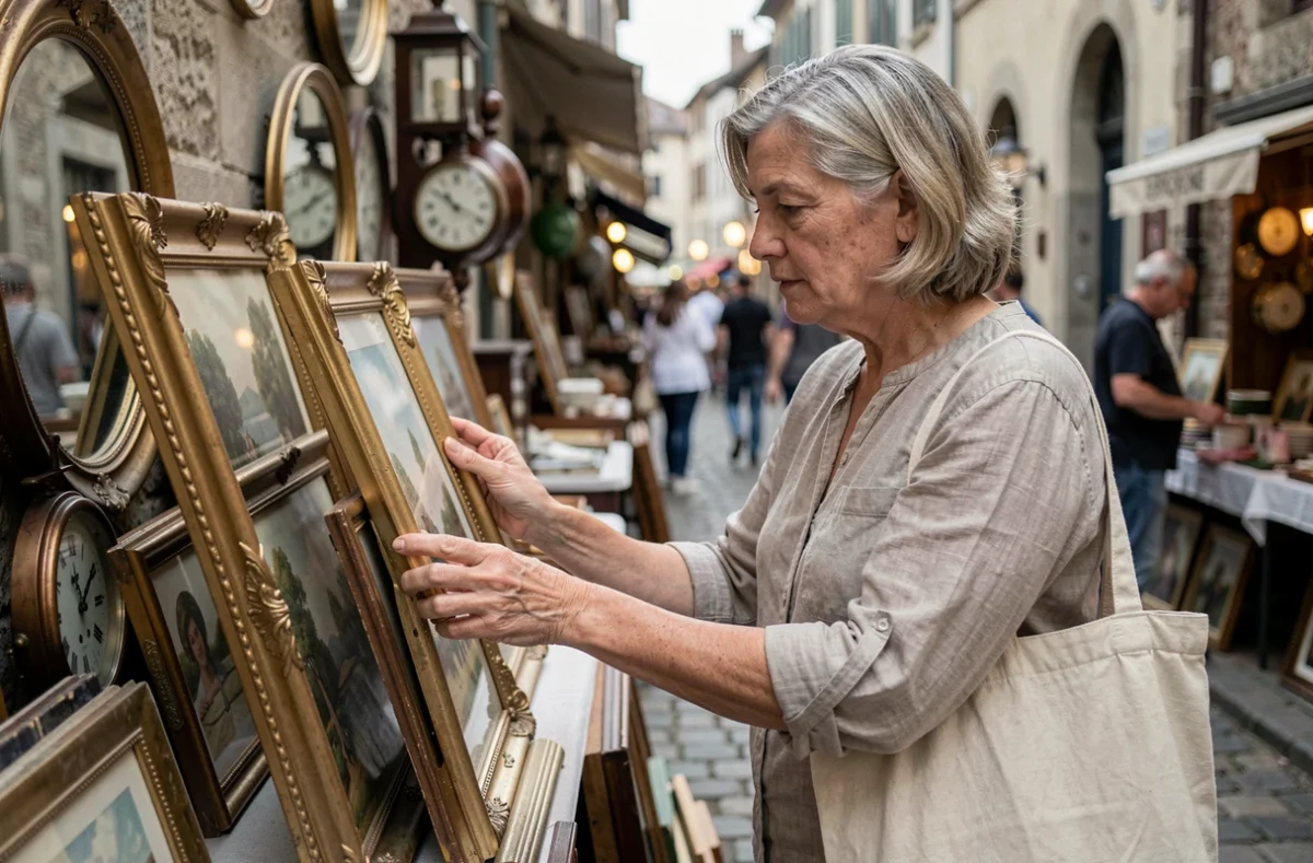 Chineuse examinant un cadre doré ancien lors d'une nocturne de brocante en Meurthe-et-Moselle