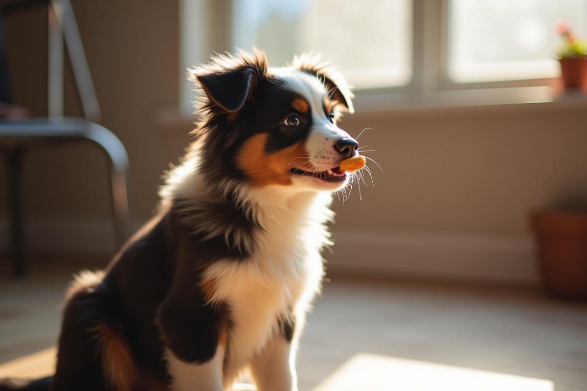 Chiot Australian Shepherd en intérieur recevant une friandise