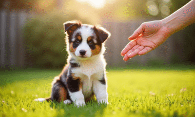 Chiot Australian Shepherd assis dans l'herbe en extérieur