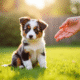 Chiot Australian Shepherd assis dans l'herbe en extérieur