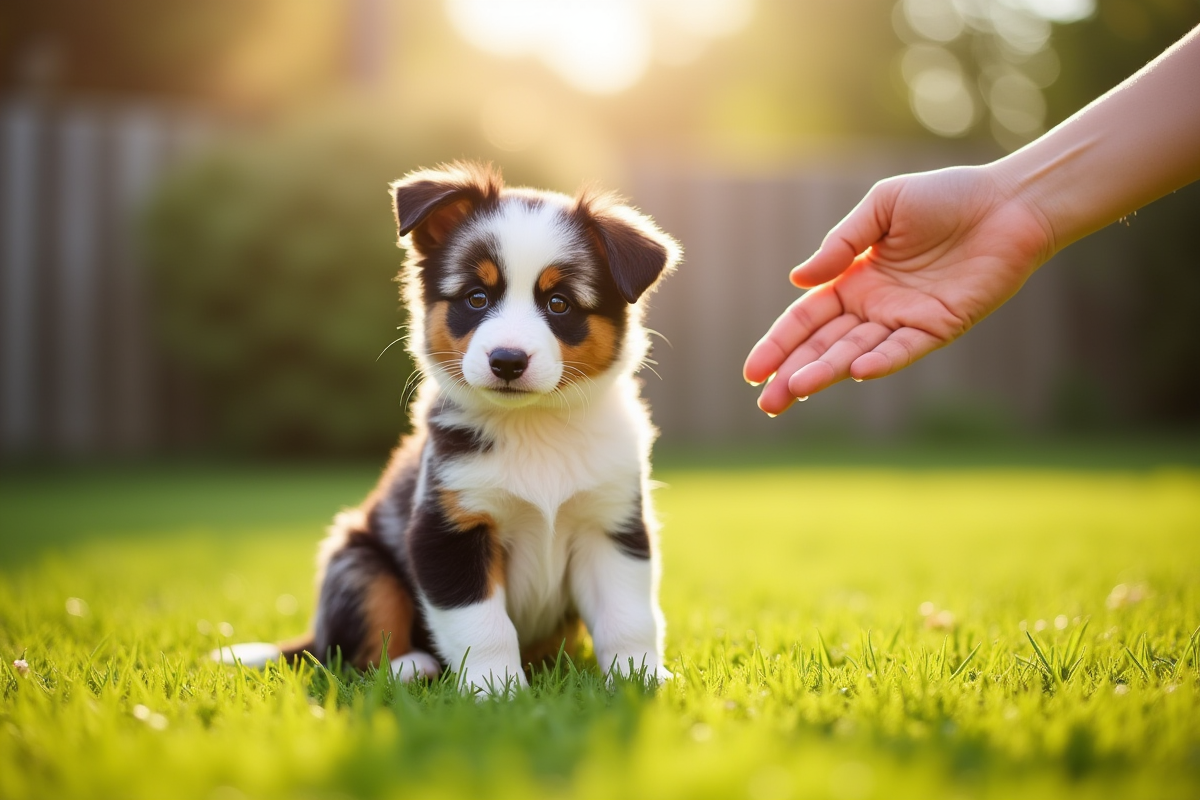 Chiot Australian Shepherd assis dans l'herbe en extérieur